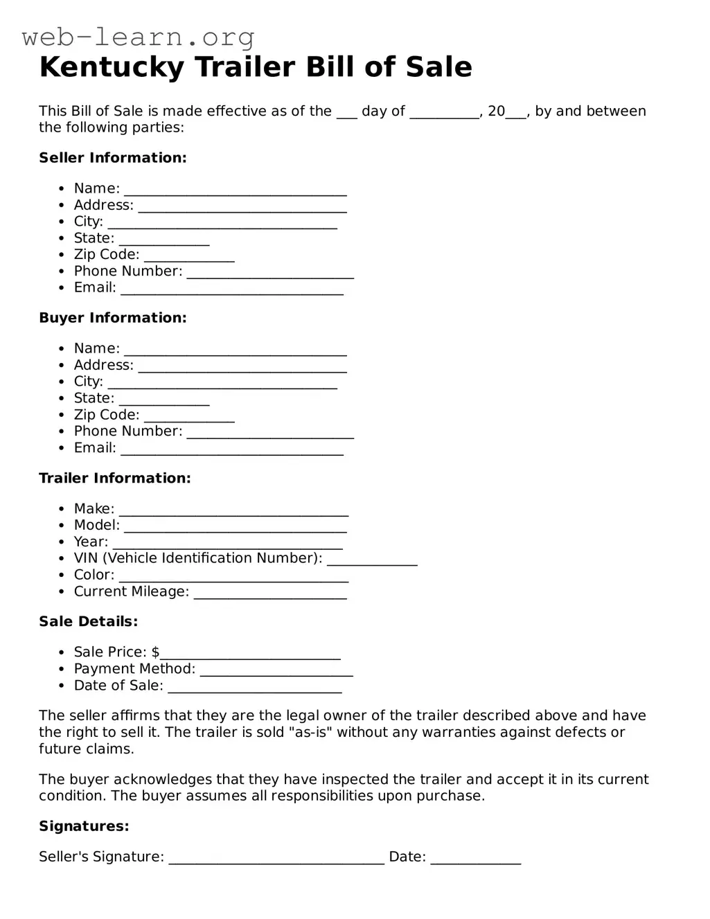 Attorney-Approved Trailer Bill of Sale Document for the State of Kentucky