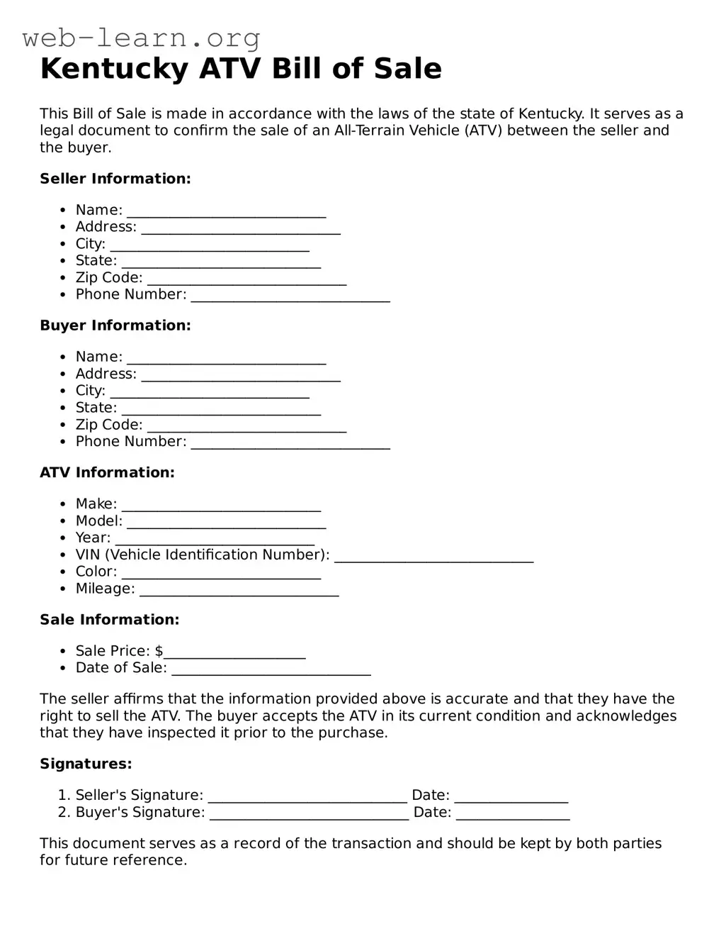 Attorney-Approved ATV Bill of Sale Document for the State of Kentucky