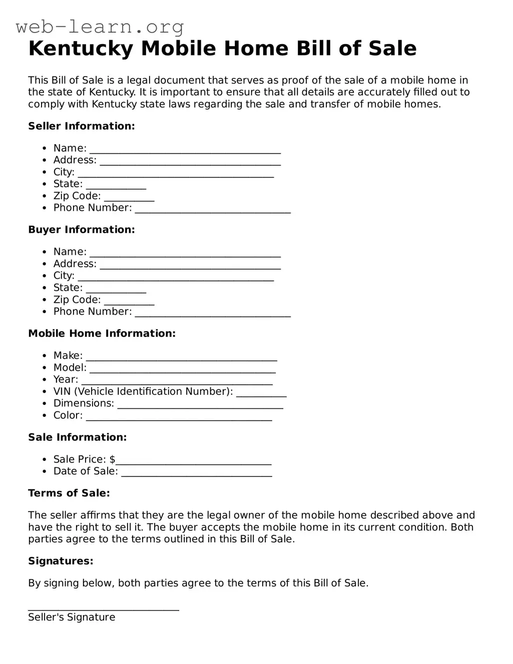 Attorney-Approved Mobile Home Bill of Sale Document for the State of Kentucky