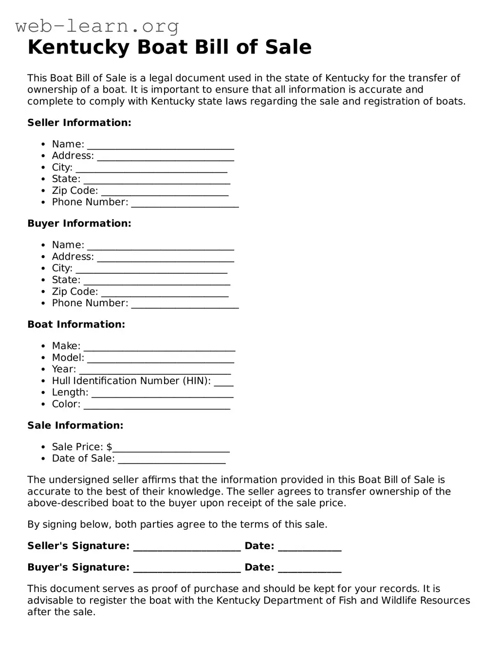 Attorney-Approved Boat Bill of Sale Document for the State of Kentucky
