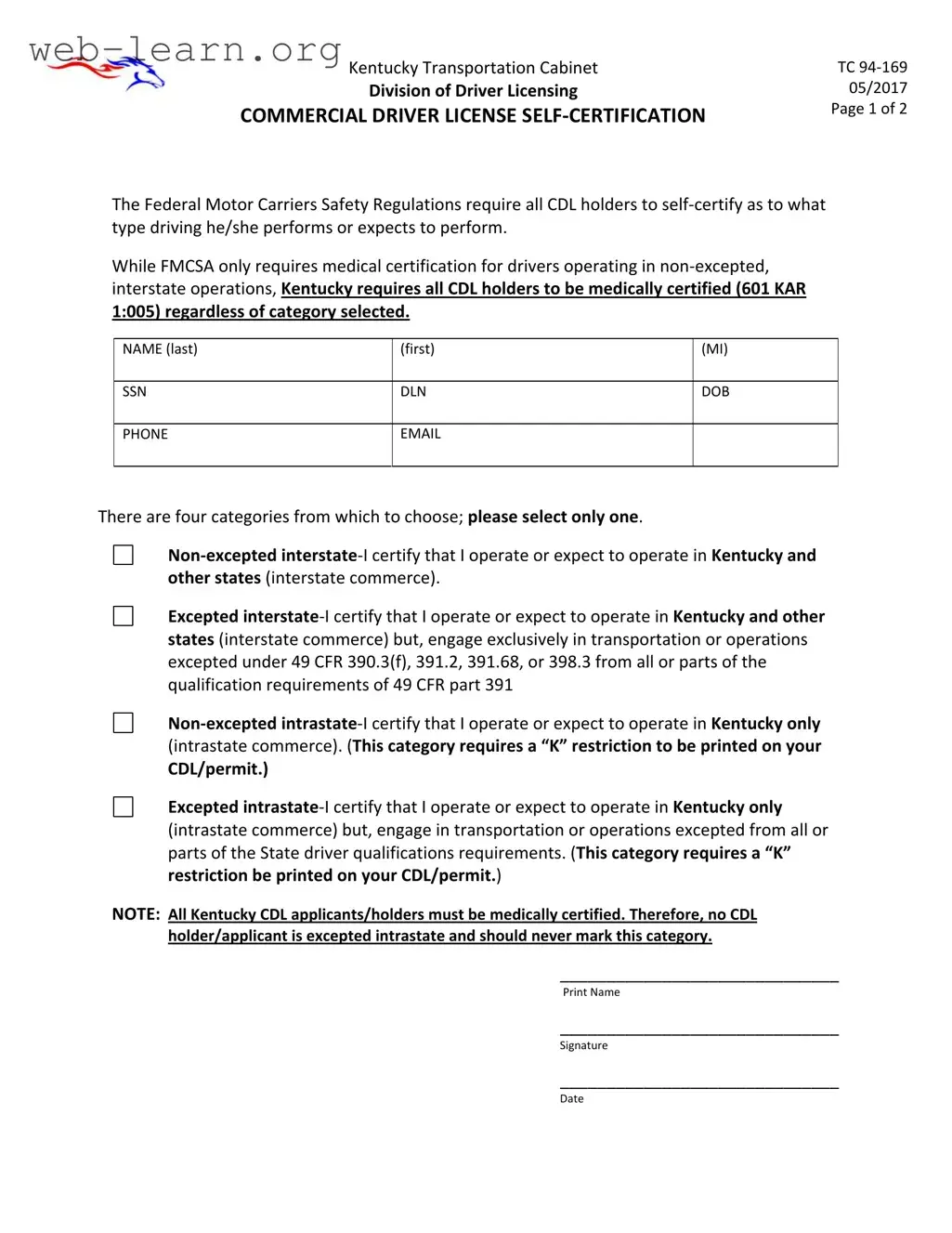 Blank Kentucky Cdl Self Certification Form