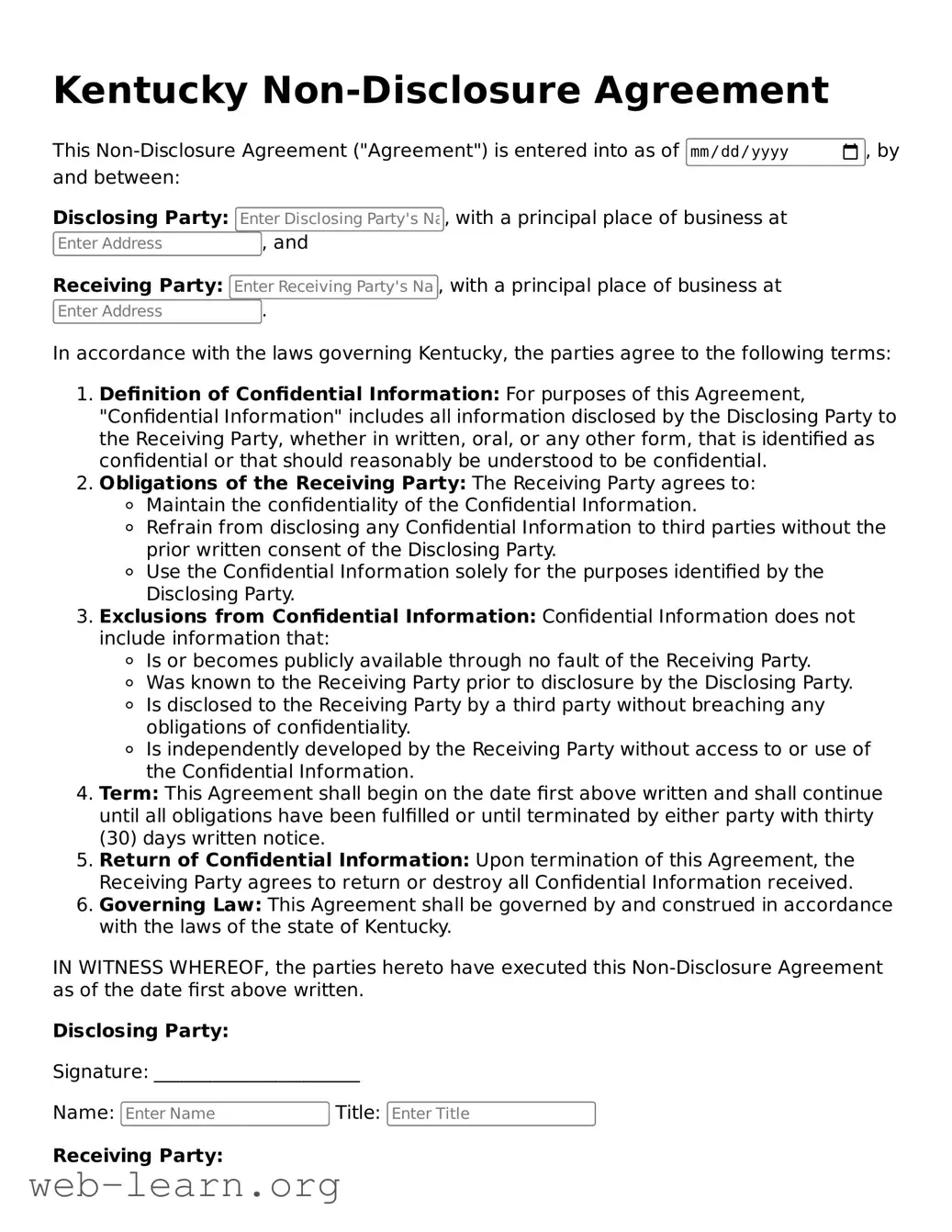 Attorney-Approved Non-disclosure Agreement Document for the State of Kentucky