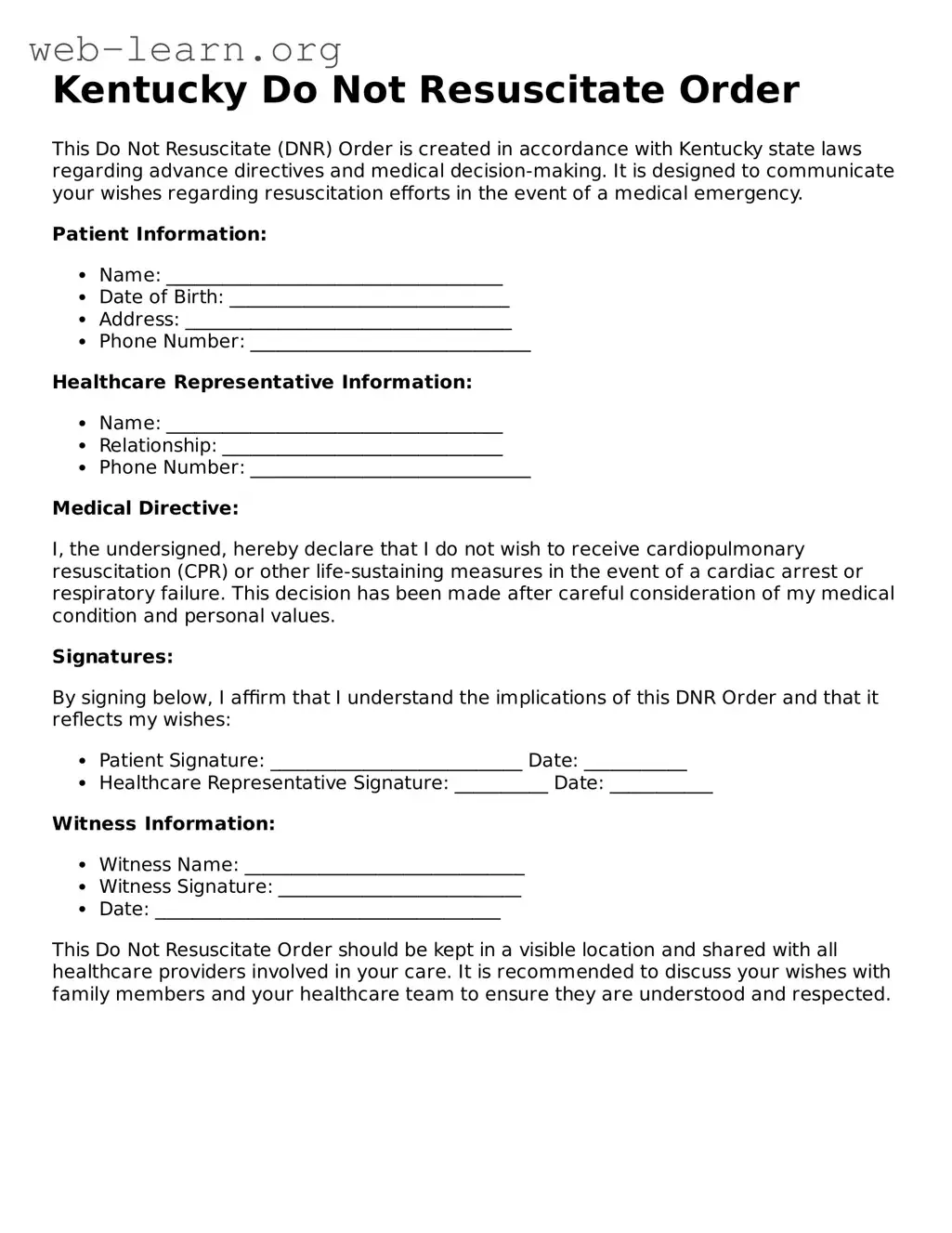 Attorney-Approved Do Not Resuscitate Order Document for the State of Kentucky