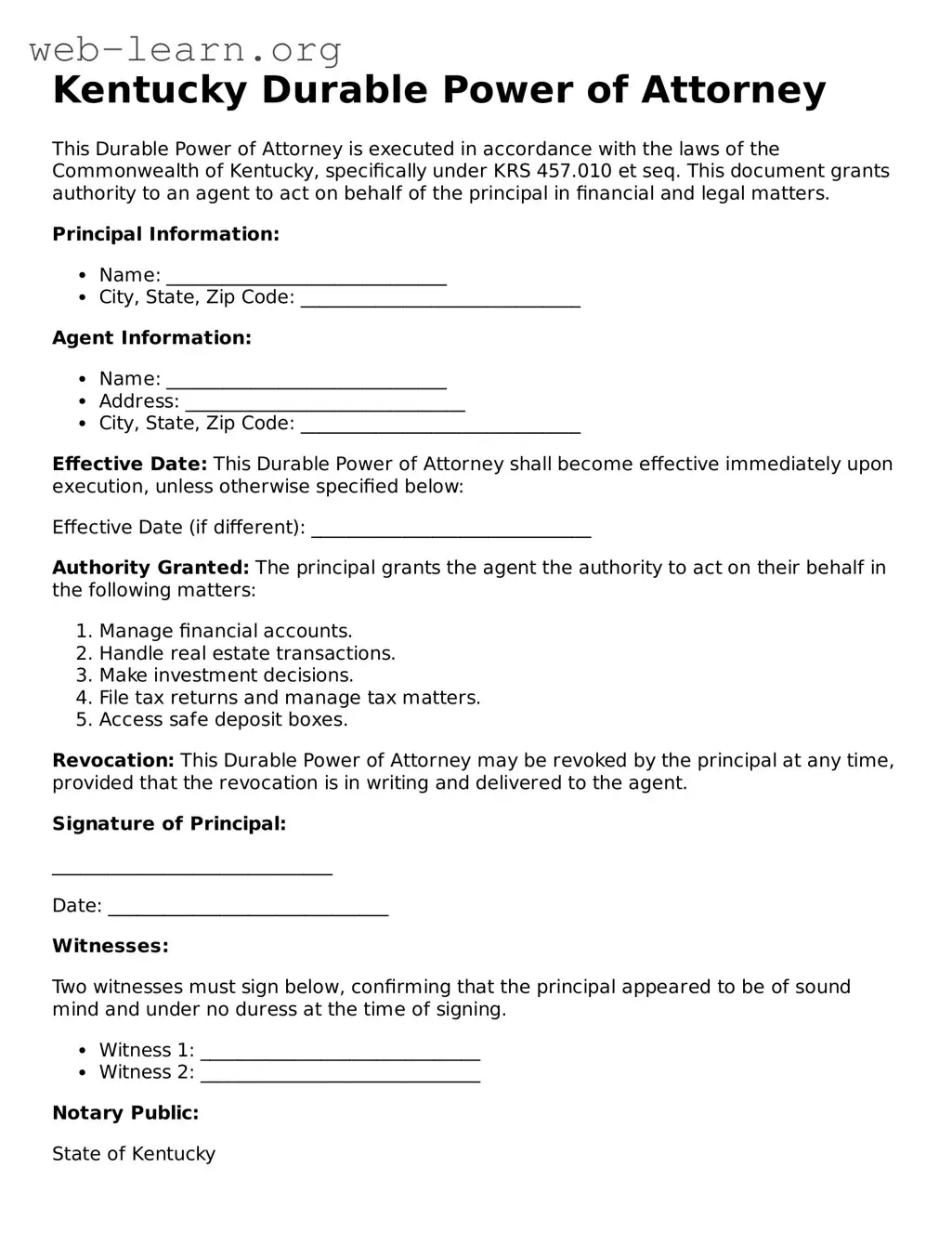 Attorney-Approved Durable Power of Attorney Document for the State of Kentucky