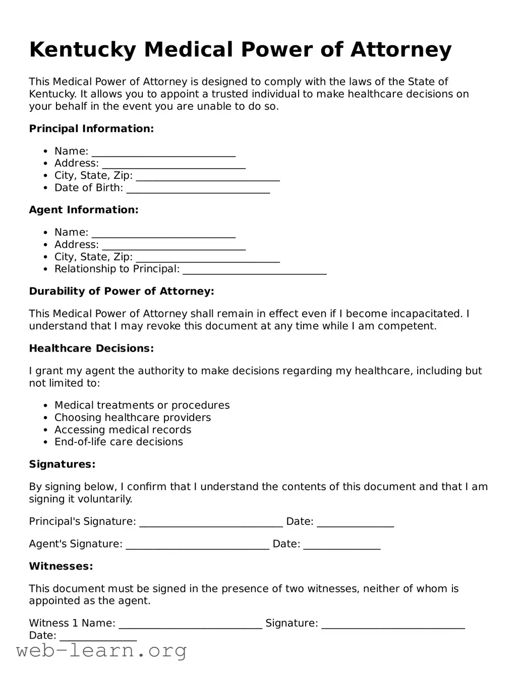 Attorney-Approved Medical Power of Attorney Document for the State of Kentucky
