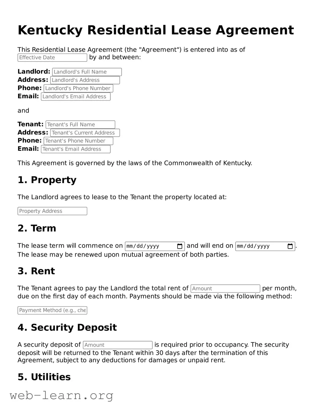 Attorney-Approved Residential Lease Agreement Document for the State of Kentucky