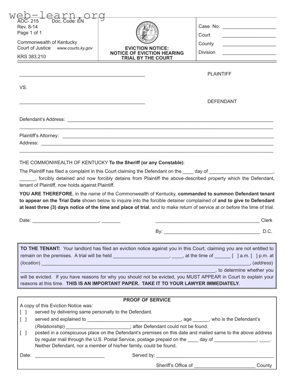 Blank Kentucky Aoc 215 Form