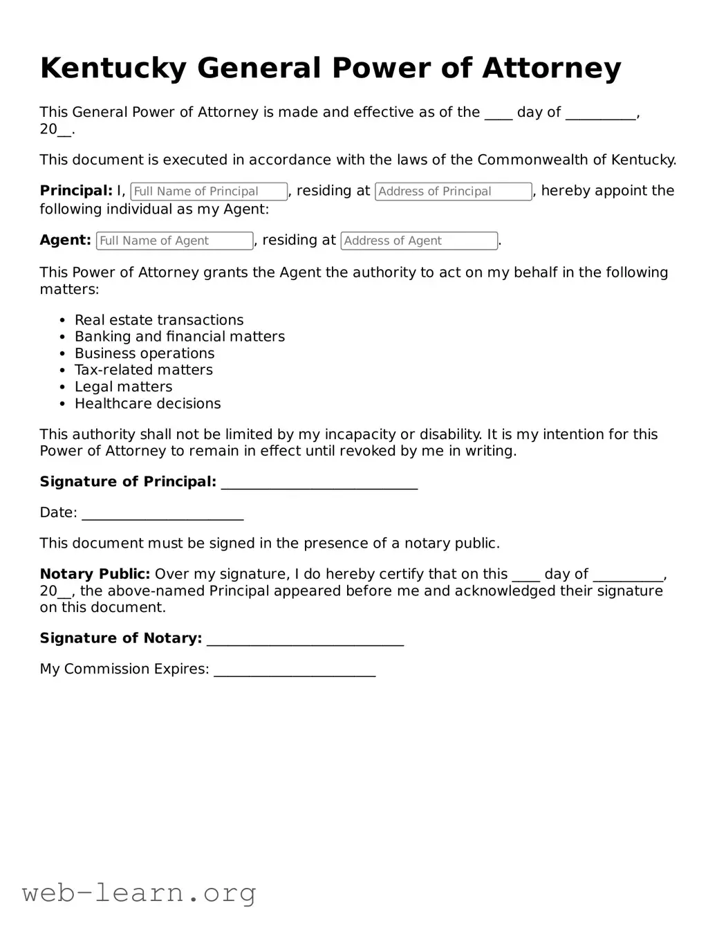 Attorney-Approved General Power of Attorney Document for the State of Kentucky