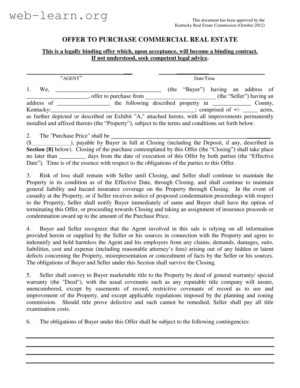 Blank Home Sale Contract Kentucky Form