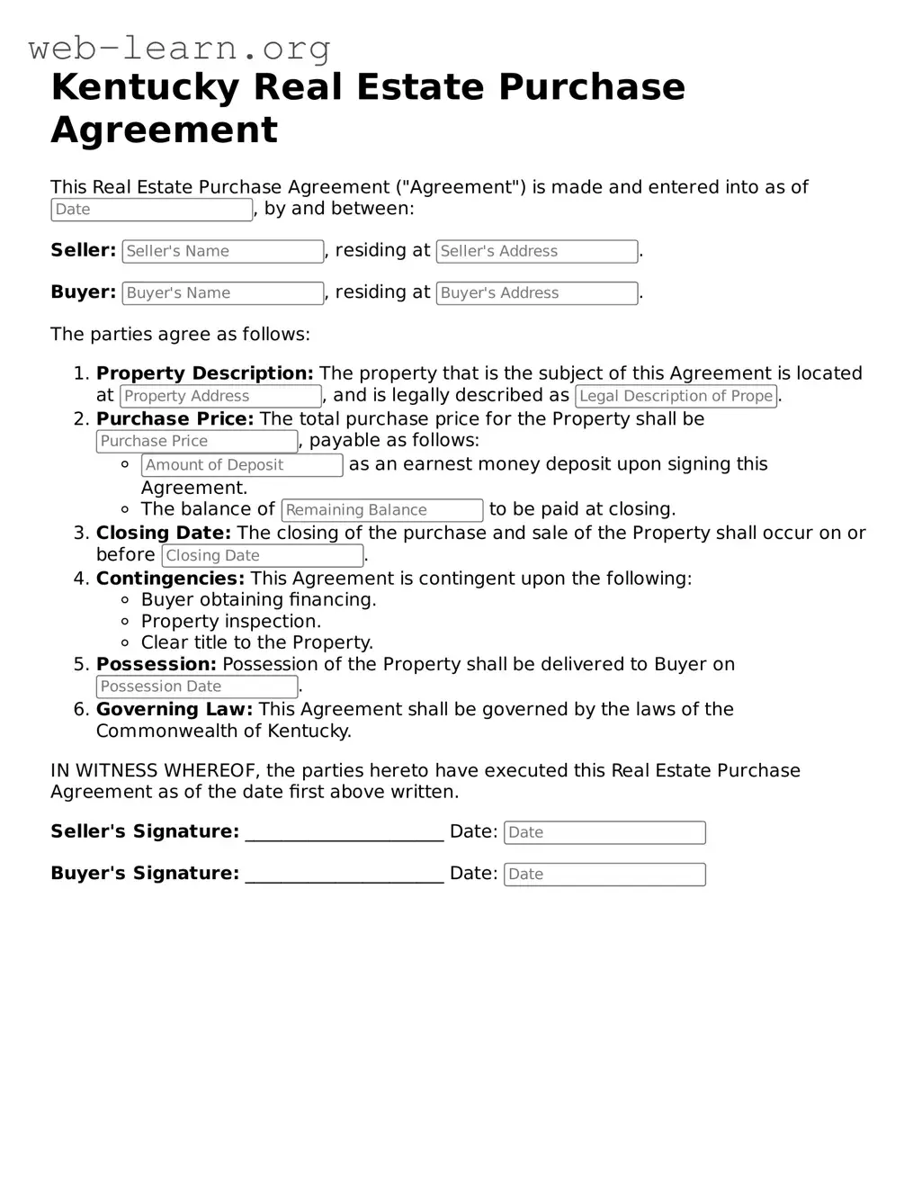 Attorney-Approved Real Estate Purchase Agreement Document for the State of Kentucky