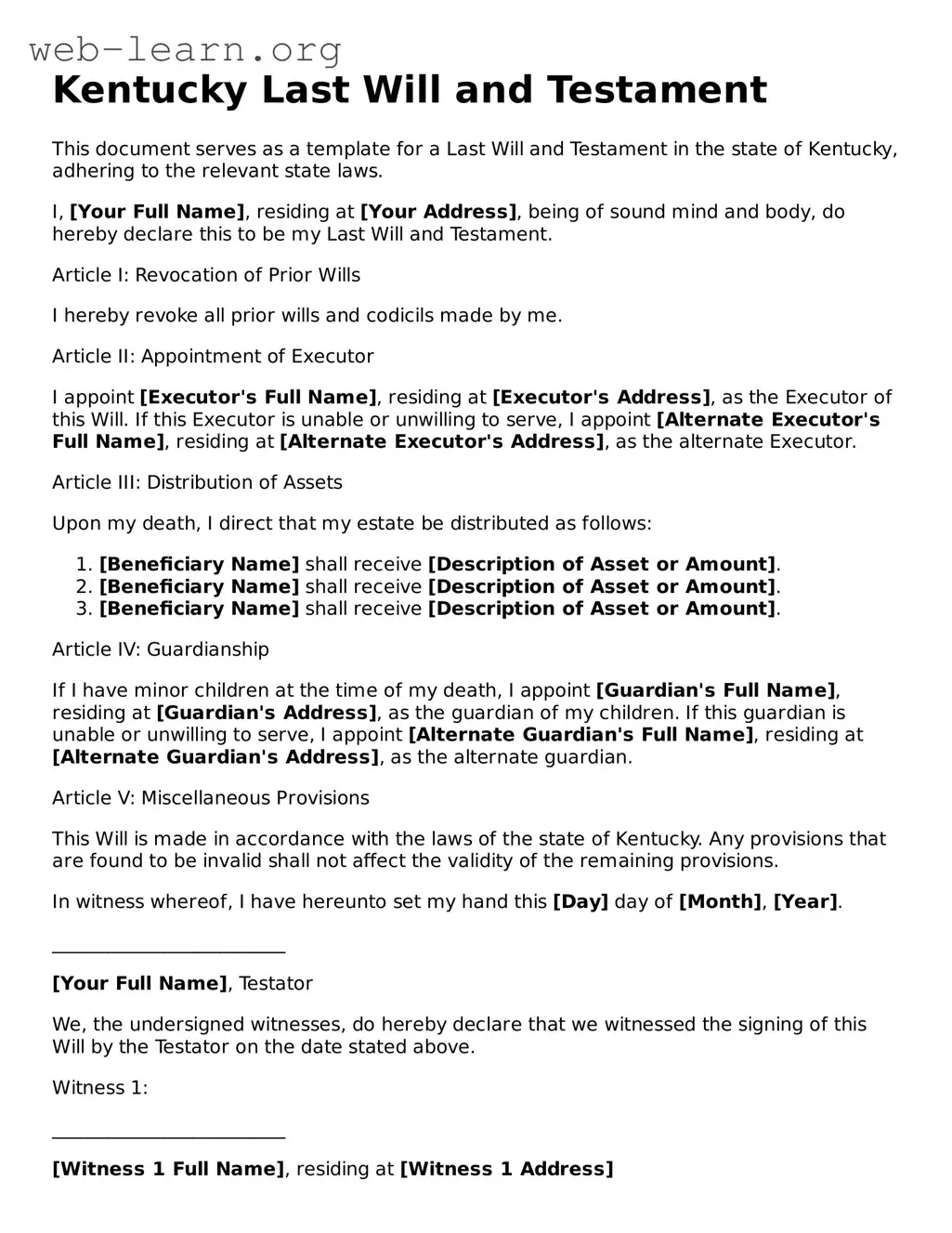 Attorney-Approved Last Will and Testament Document for the State of Kentucky