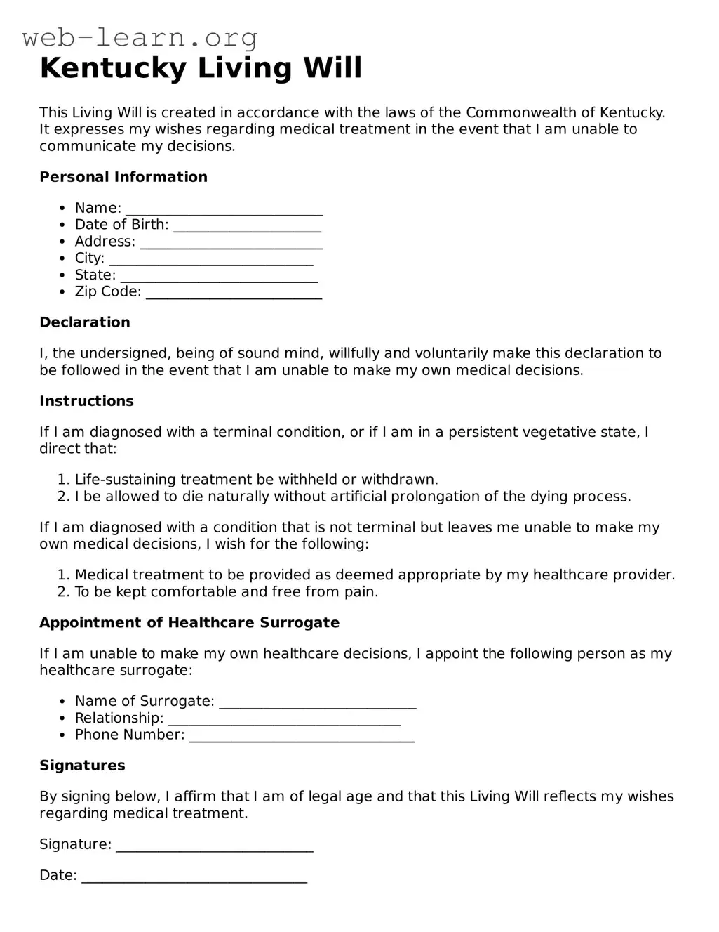 Attorney-Approved Living Will Document for the State of Kentucky