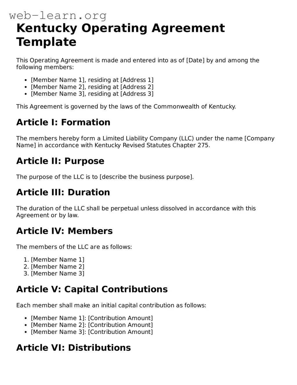 Attorney-Approved Operating Agreement Document for the State of Kentucky
