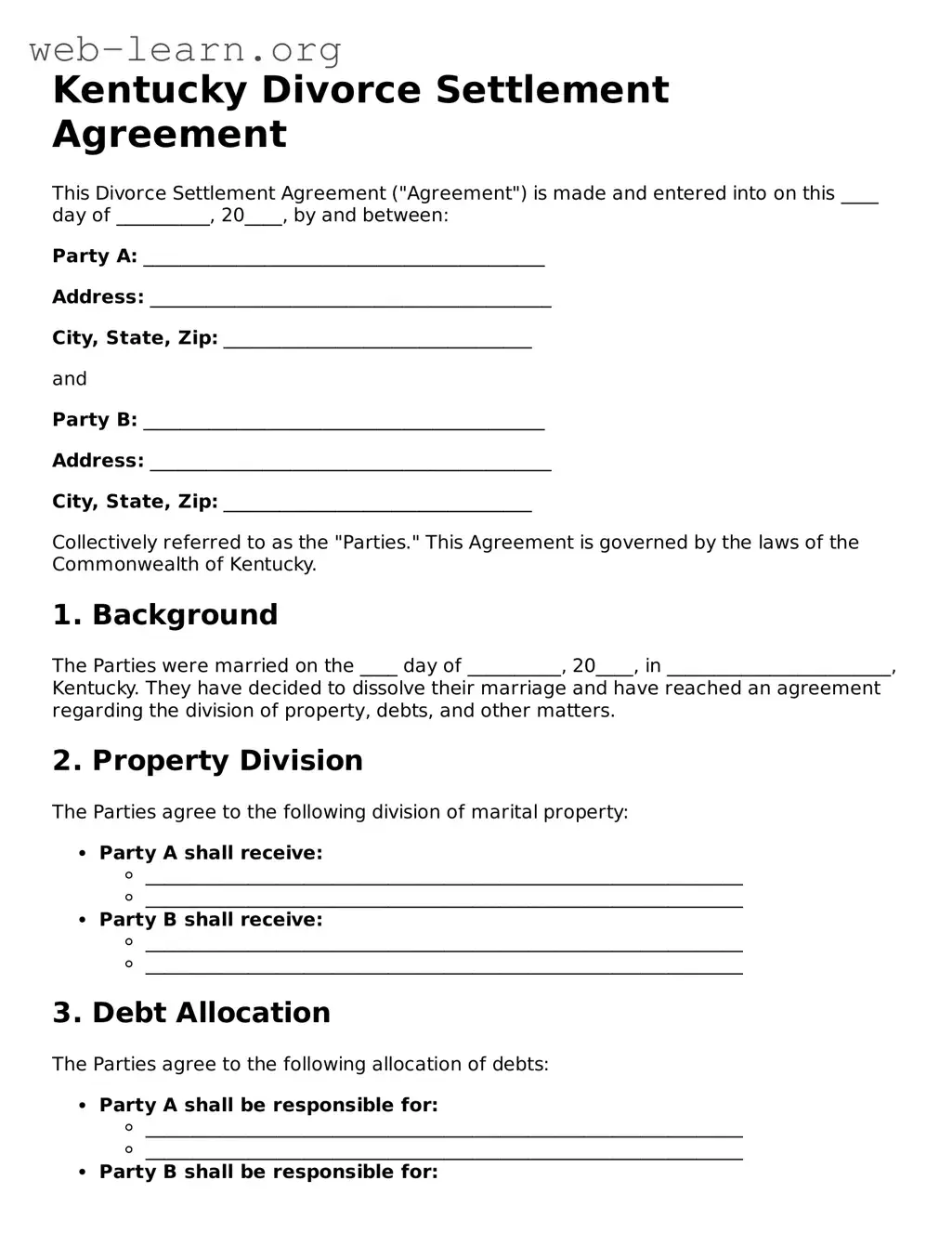 Attorney-Approved Divorce Settlement Agreement Document for the State of Kentucky