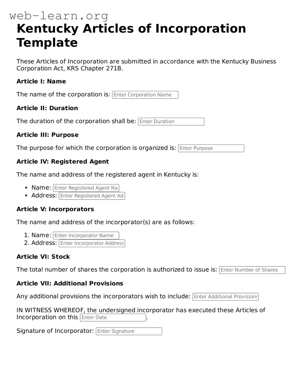 Attorney-Approved Articles of Incorporation Document for the State of Kentucky