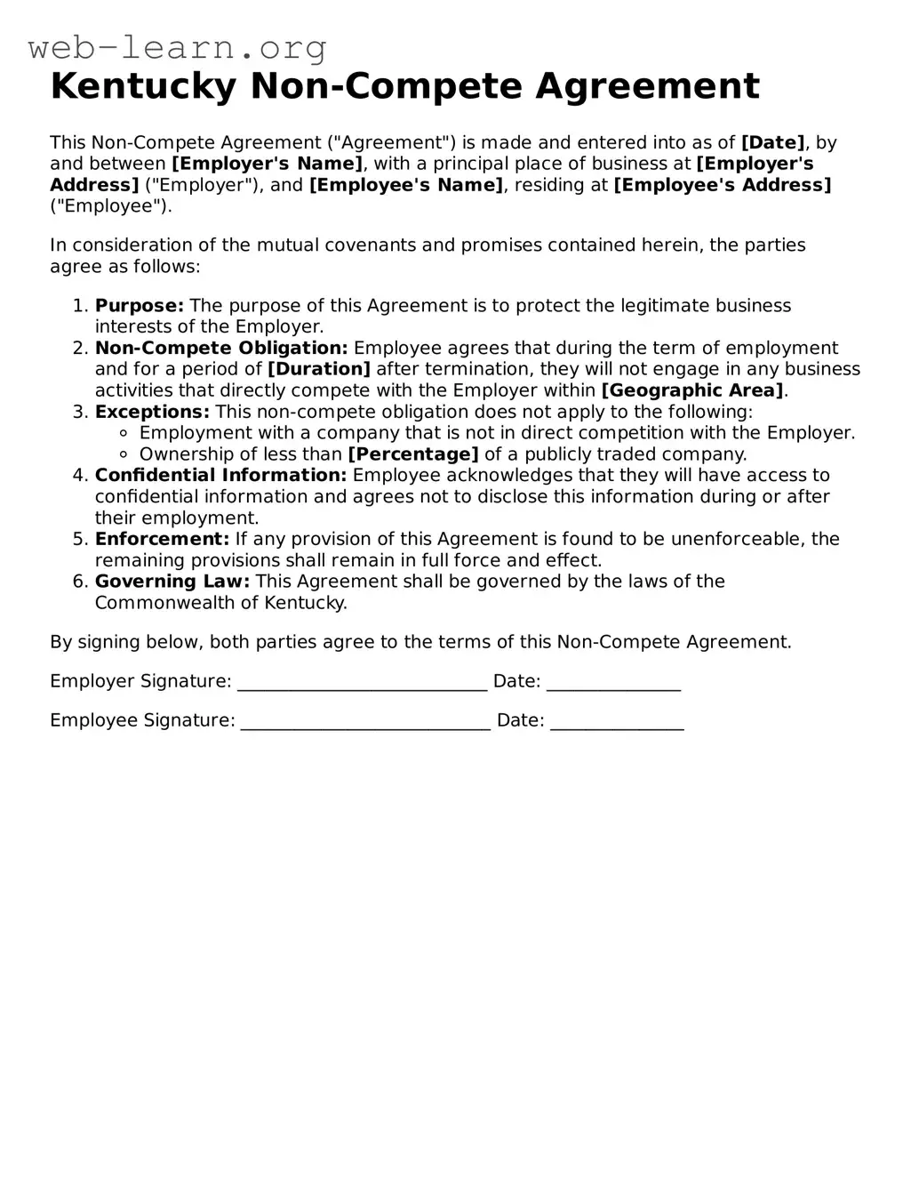 Attorney-Approved Non-compete Agreement Document for the State of Kentucky