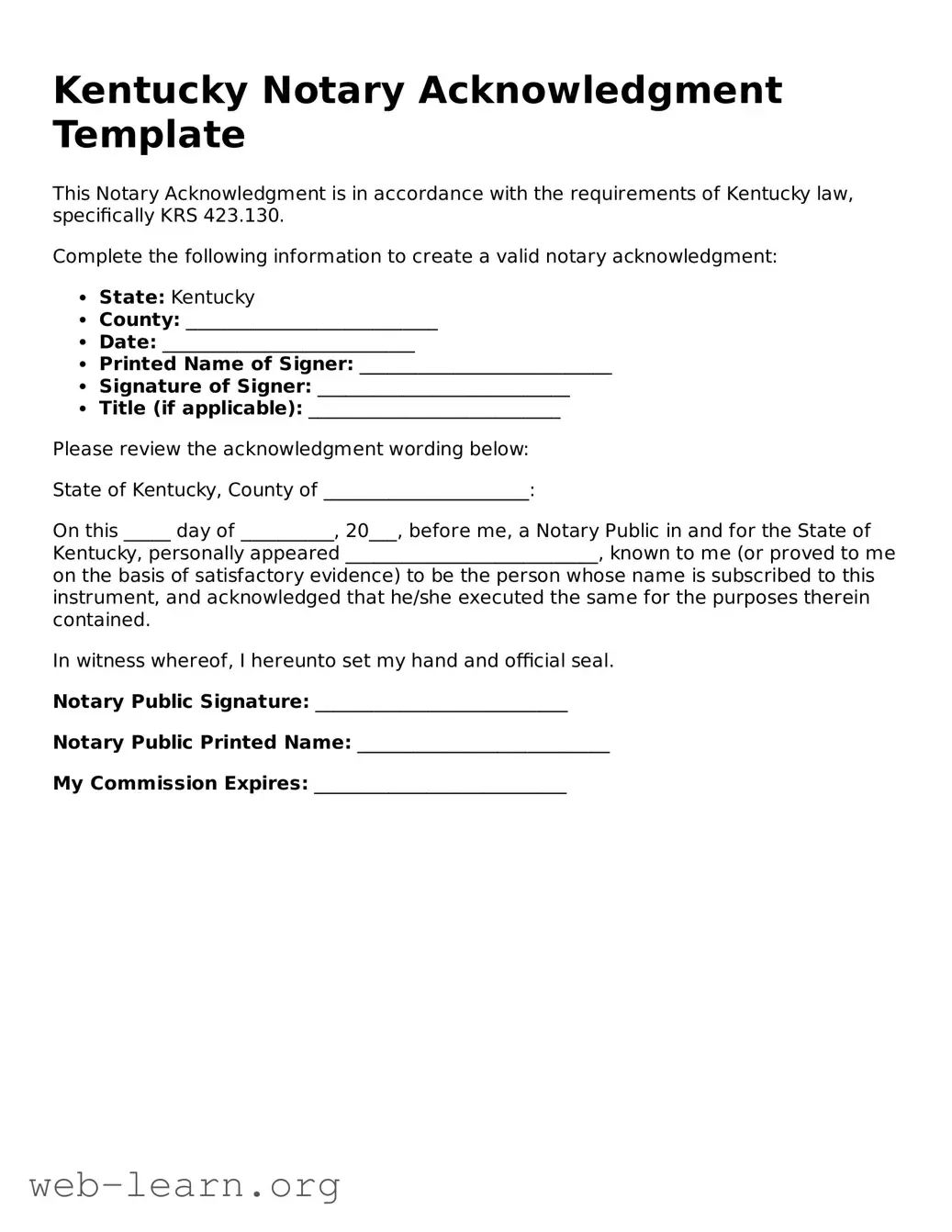 Attorney-Approved Notary Acknowledgement Document for the State of Kentucky