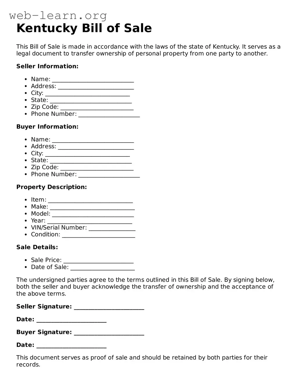 Attorney-Approved Bill of Sale Document for the State of Kentucky