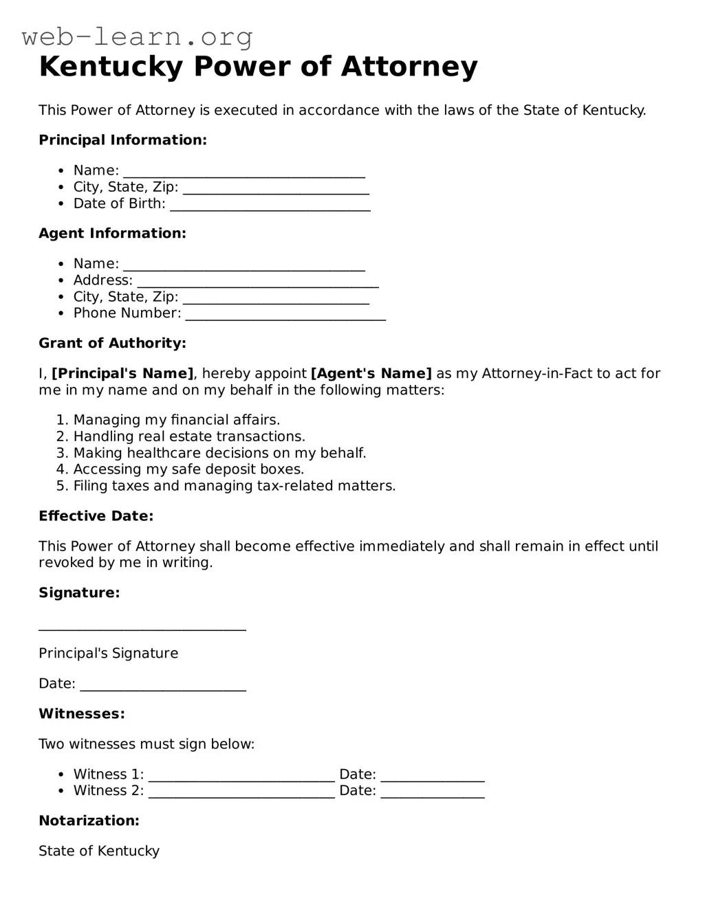 Attorney-Approved Power of Attorney Document for the State of Kentucky