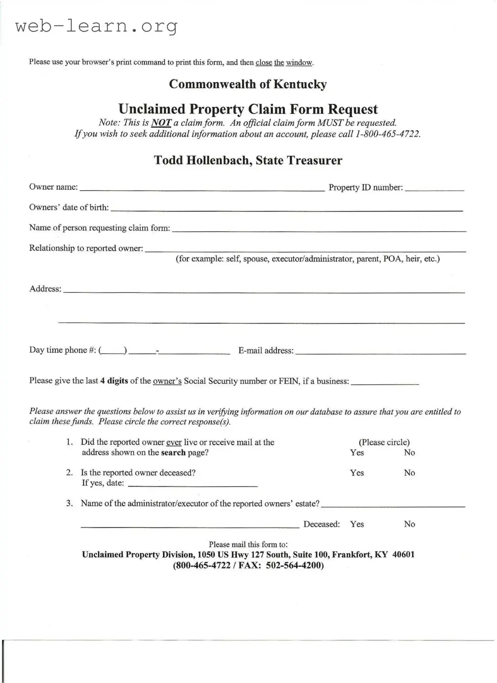 Blank Kentucky Unclaimed Property Reporting Form
