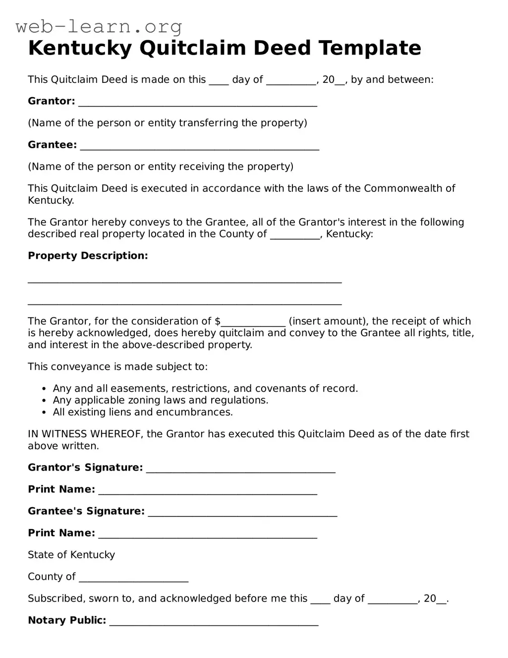 Attorney-Approved Quitclaim Deed Document for the State of Kentucky