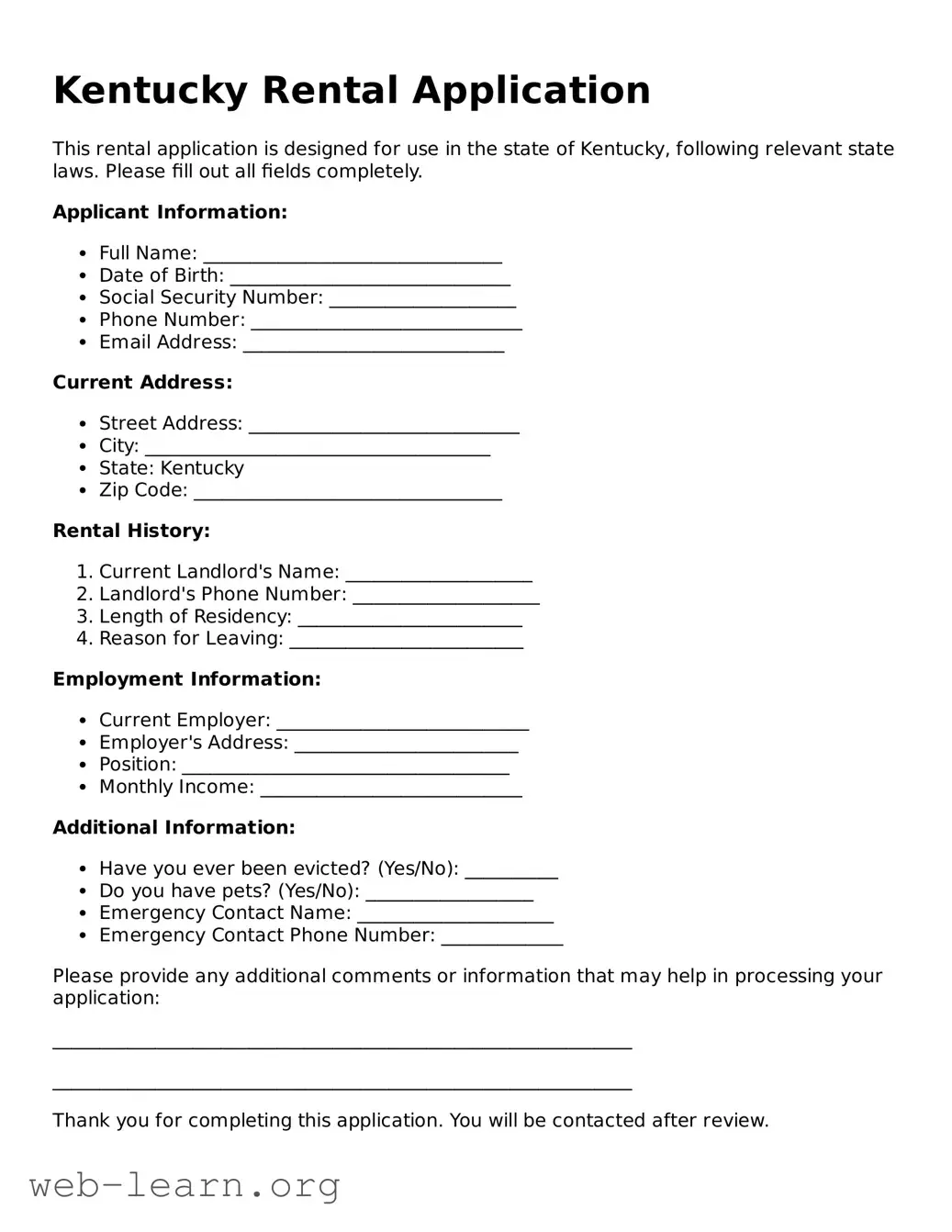 Attorney-Approved Rental Application Document for the State of Kentucky