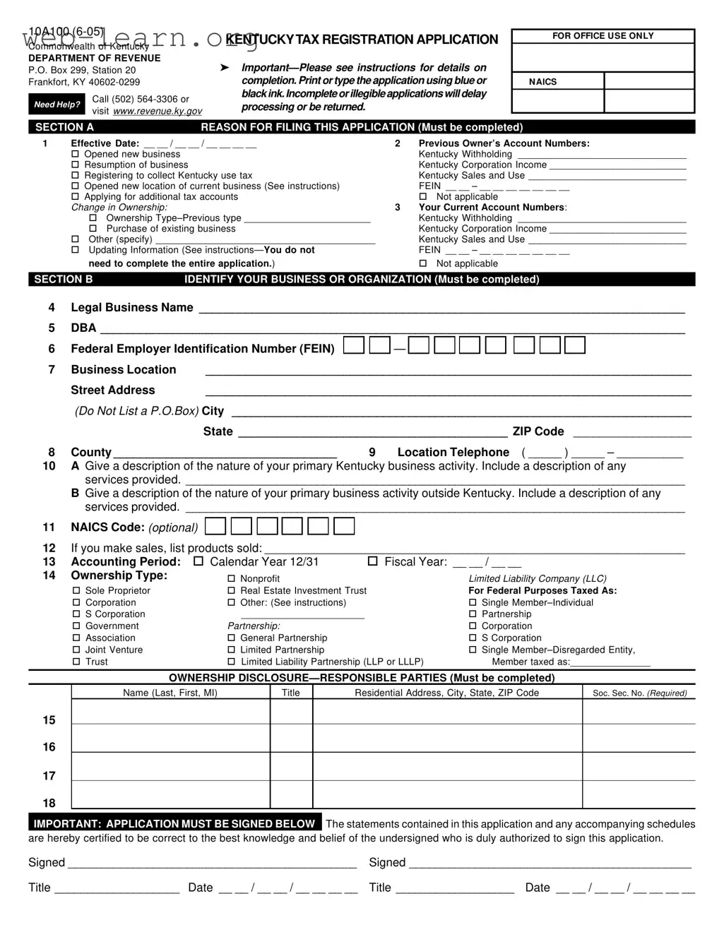 Blank 10A100 Kentucky Form