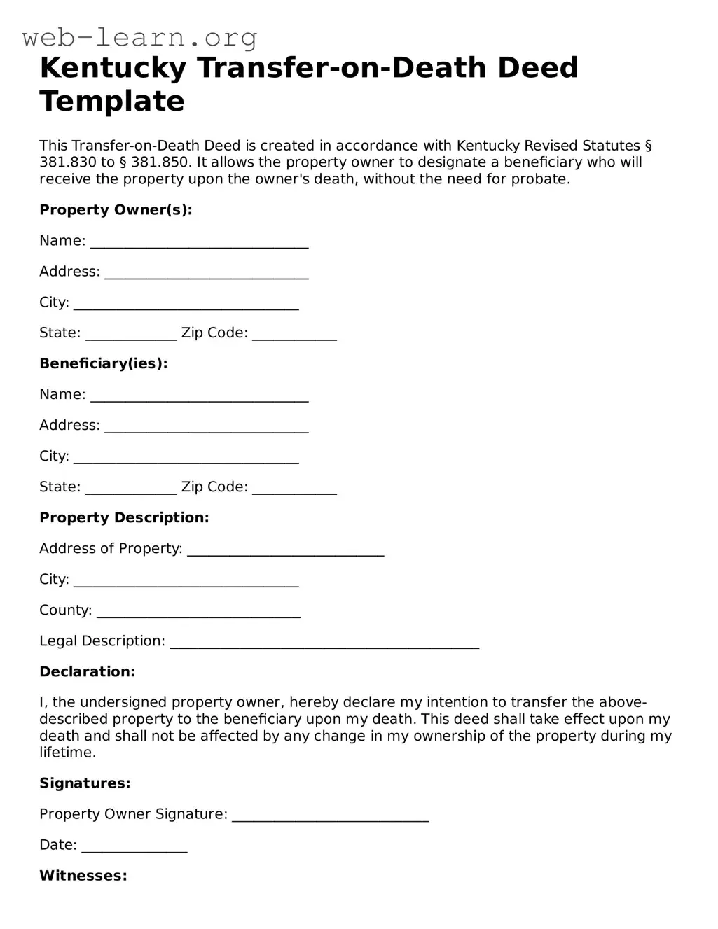 Attorney-Approved Transfer-on-Death Deed Document for the State of Kentucky