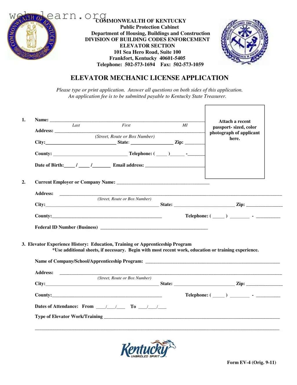 Blank Kentucky Elevator Mechanic License Form