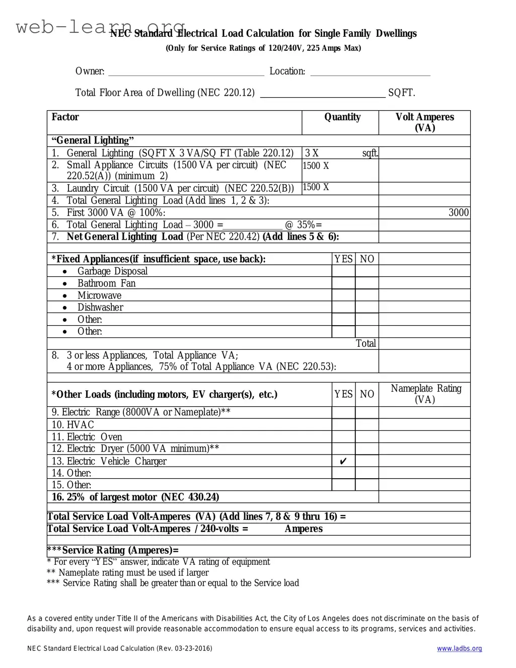 Blank LADBS NEC Standard Electrical Load Calculation Form
