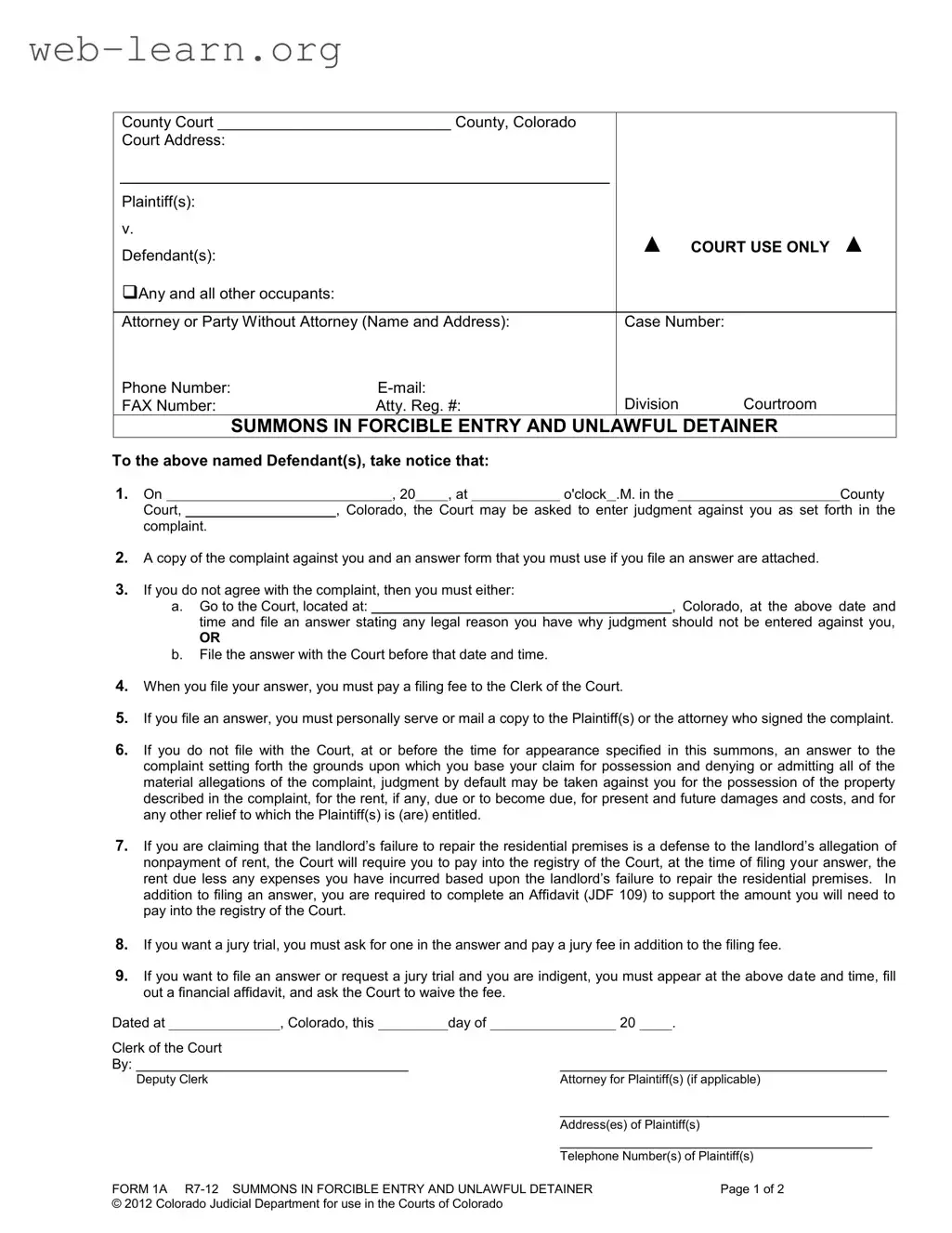 Blank Colorado Summons Form