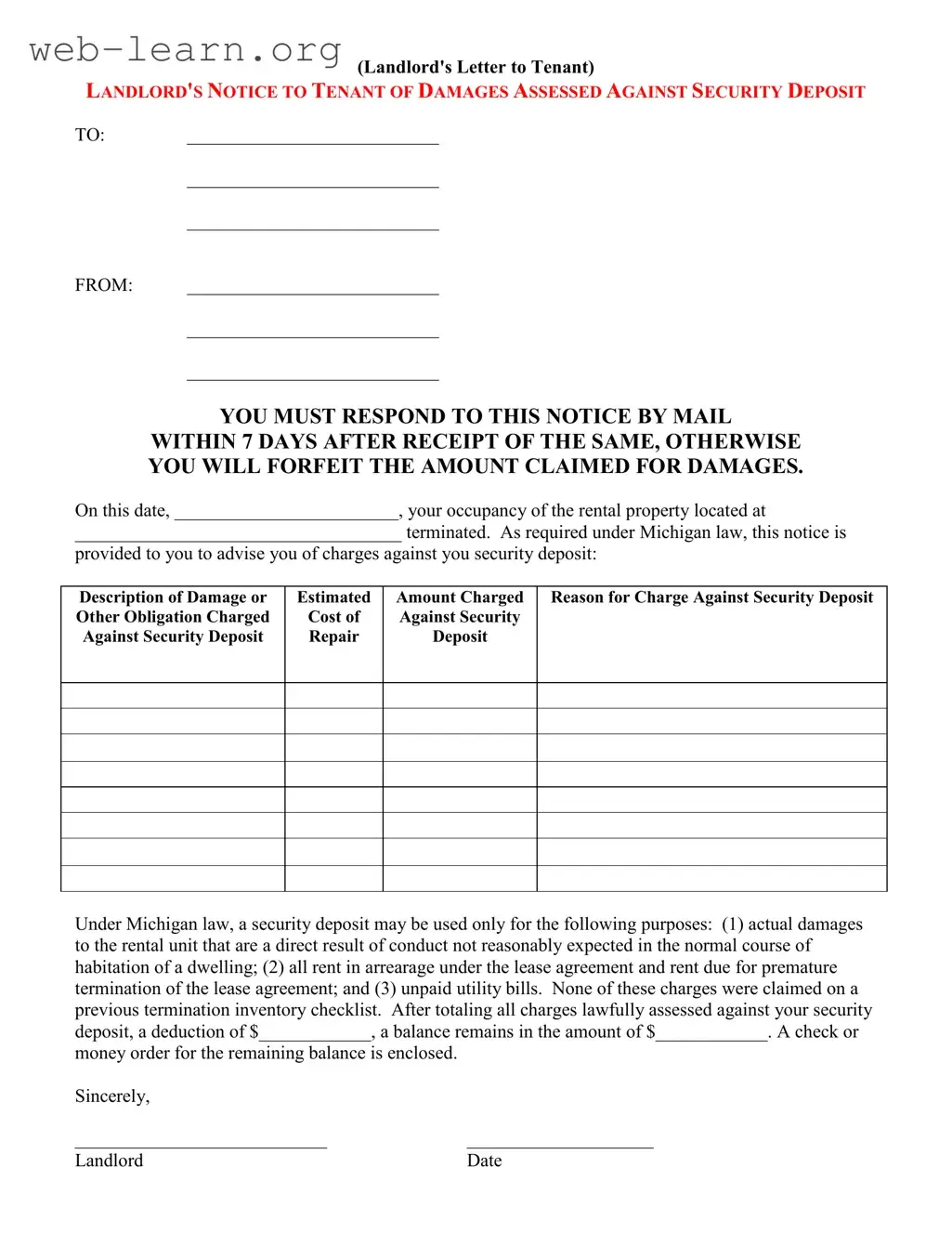 Blank Landlord Damages Letter Form