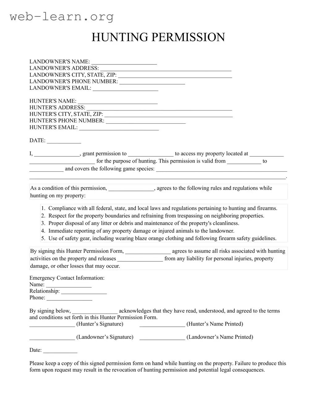 Blank Hunter Permission Form