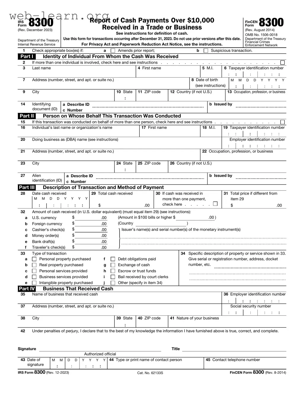 Blank IRS 8300 Form