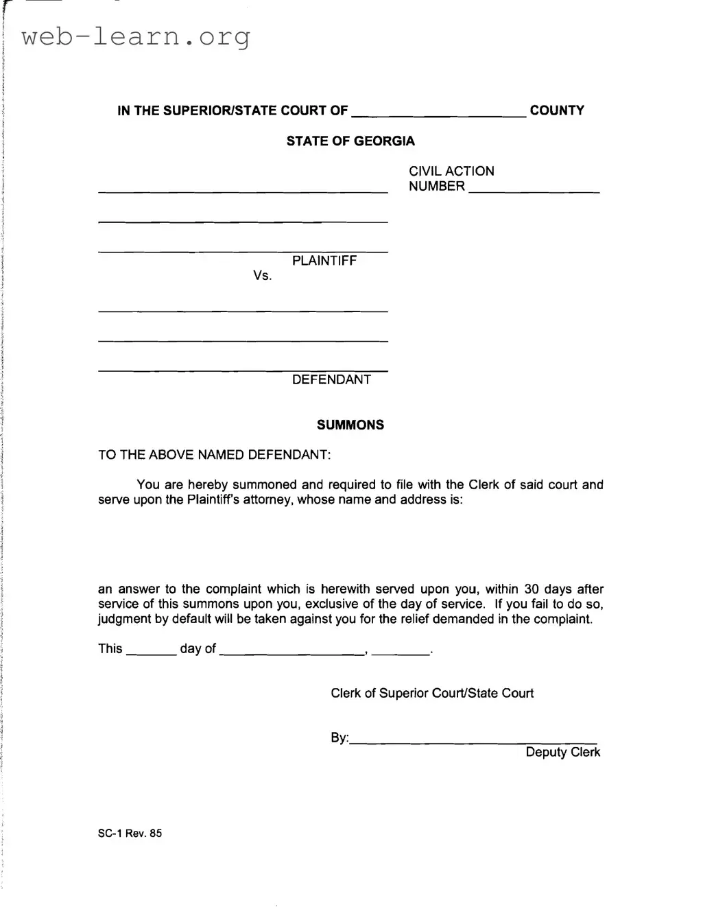 Blank Georgia Civil Summons Form