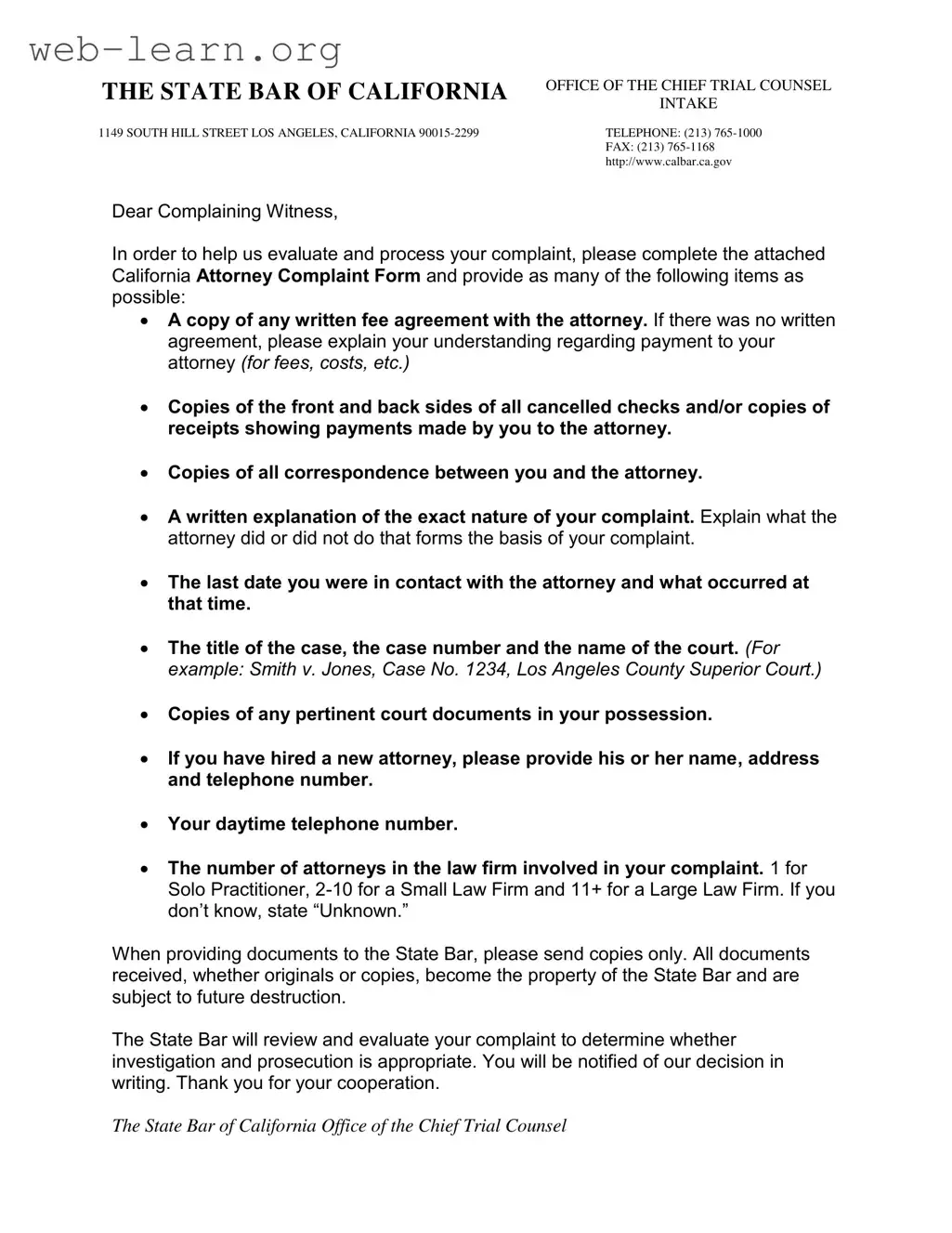 Blank California Attorney Complaint Form