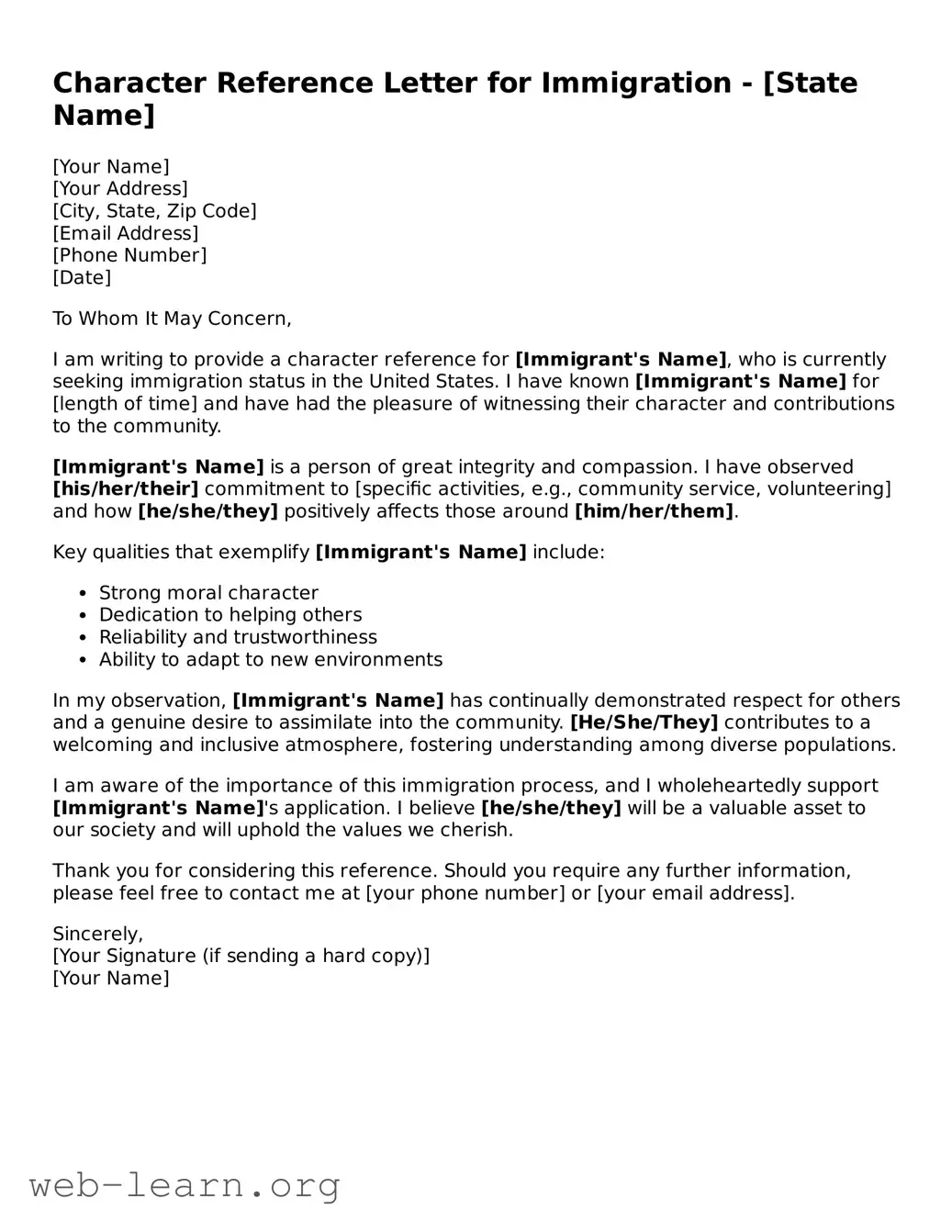 Attorney-Approved Character Reference Letter for Immigration Template