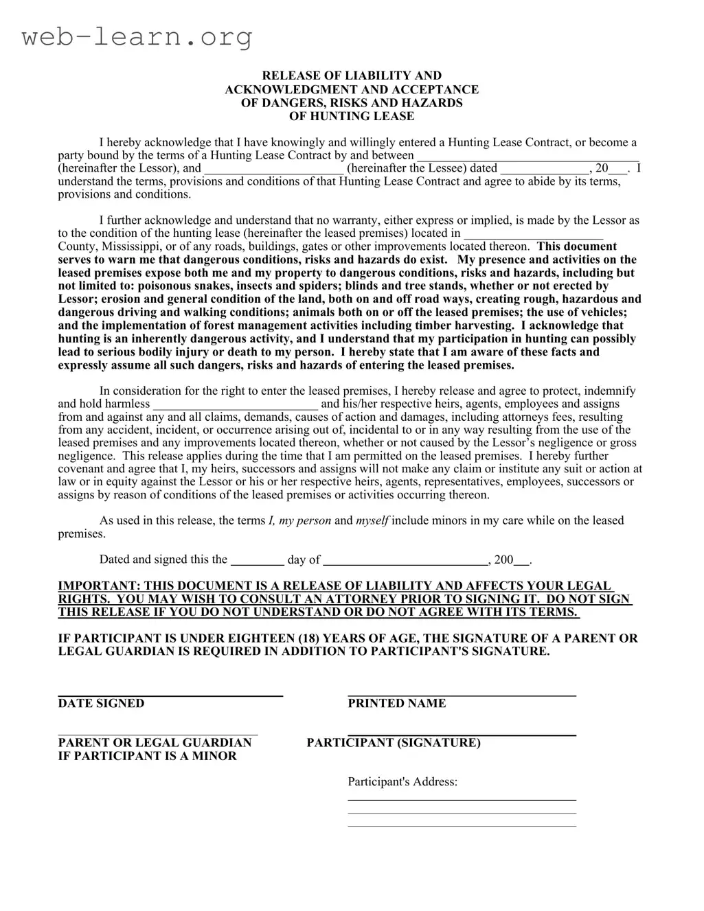 Blank Liability Hunting Form