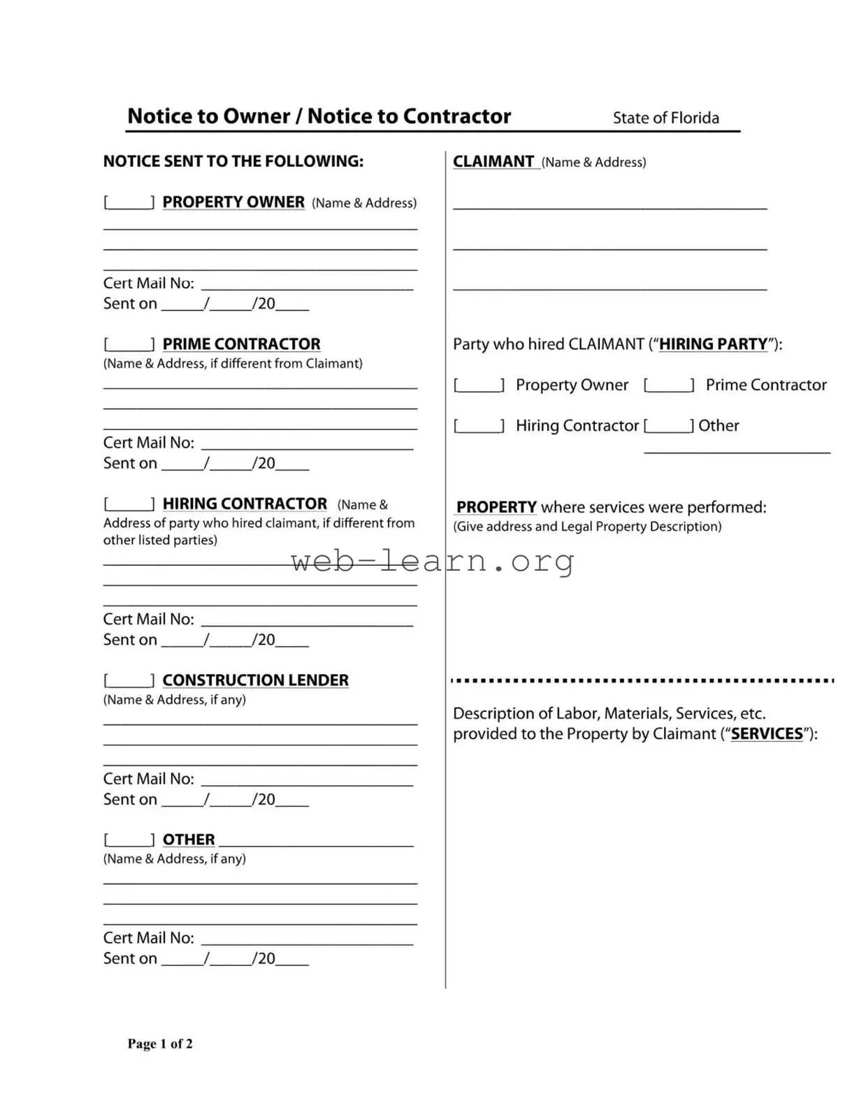 Blank Notice Owner Florida Form
