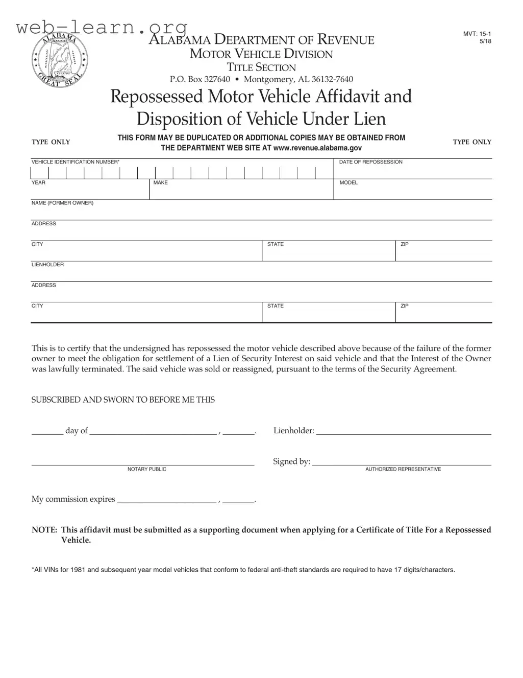 Blank Alabama Mvt 15 1 Form