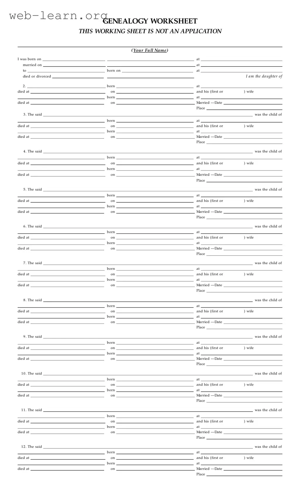 Blank Dar Genealogy Worksheet Form