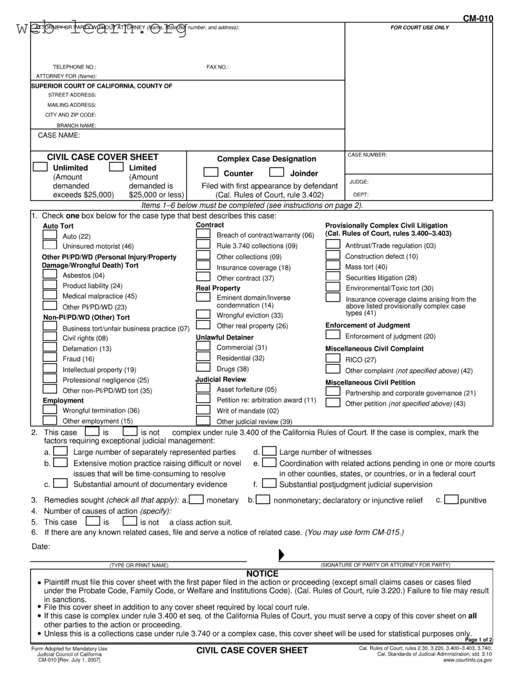Blank California Civil Form