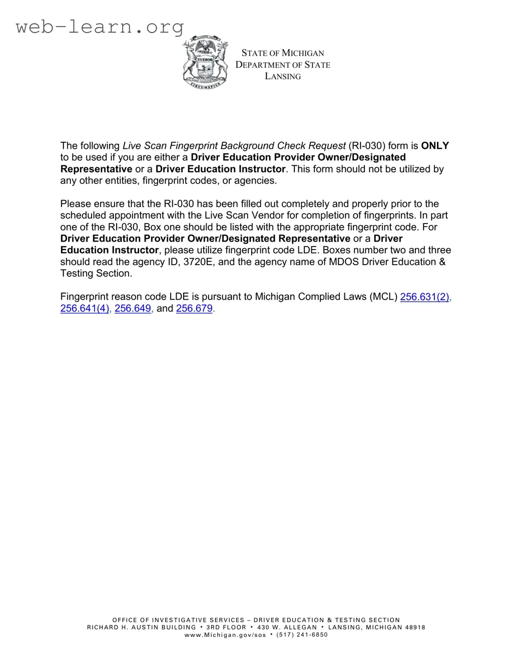 Blank Michigan Ri 030 Form