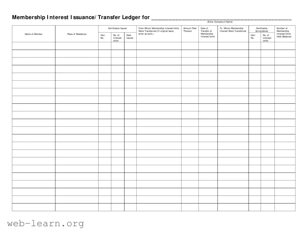 Blank Membership Ledger Form