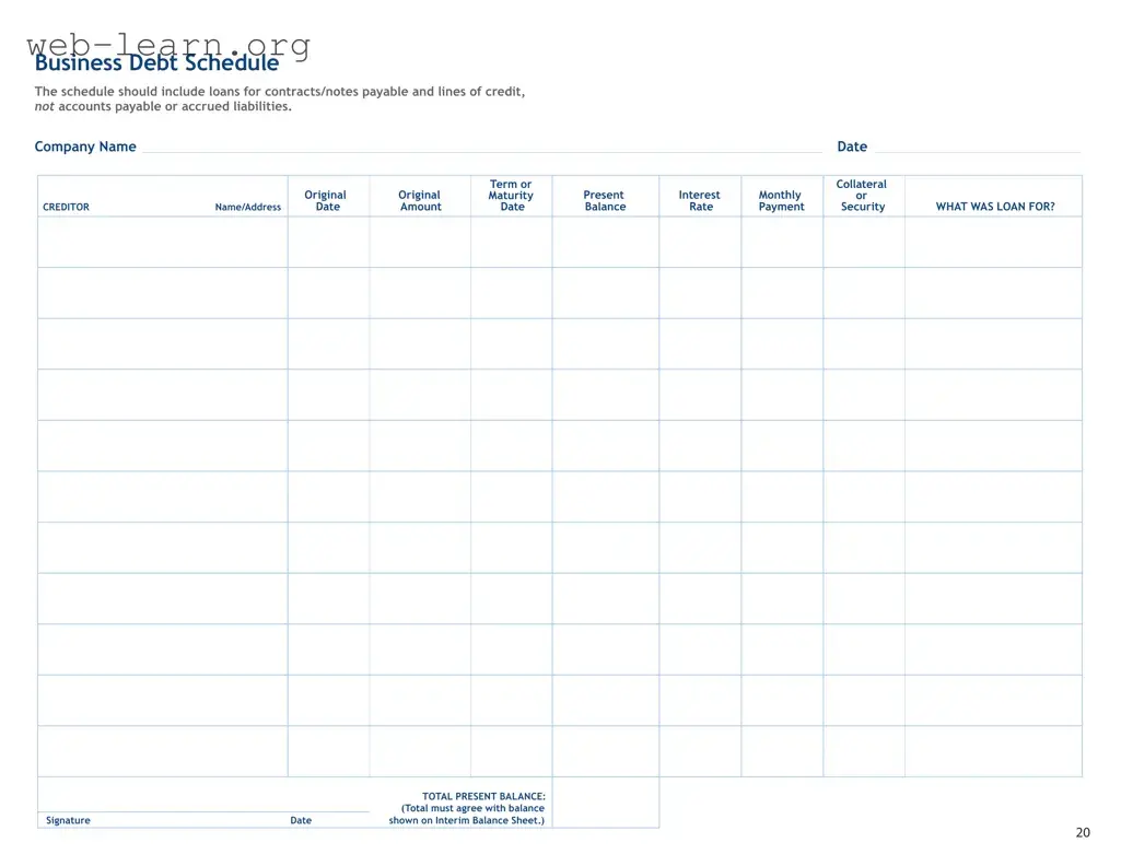 Blank Business Debt Schedule Form