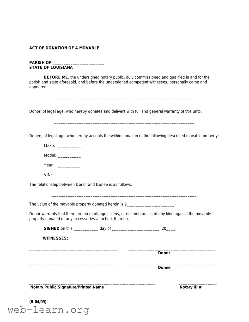 Blank Louisiana act of donation Form