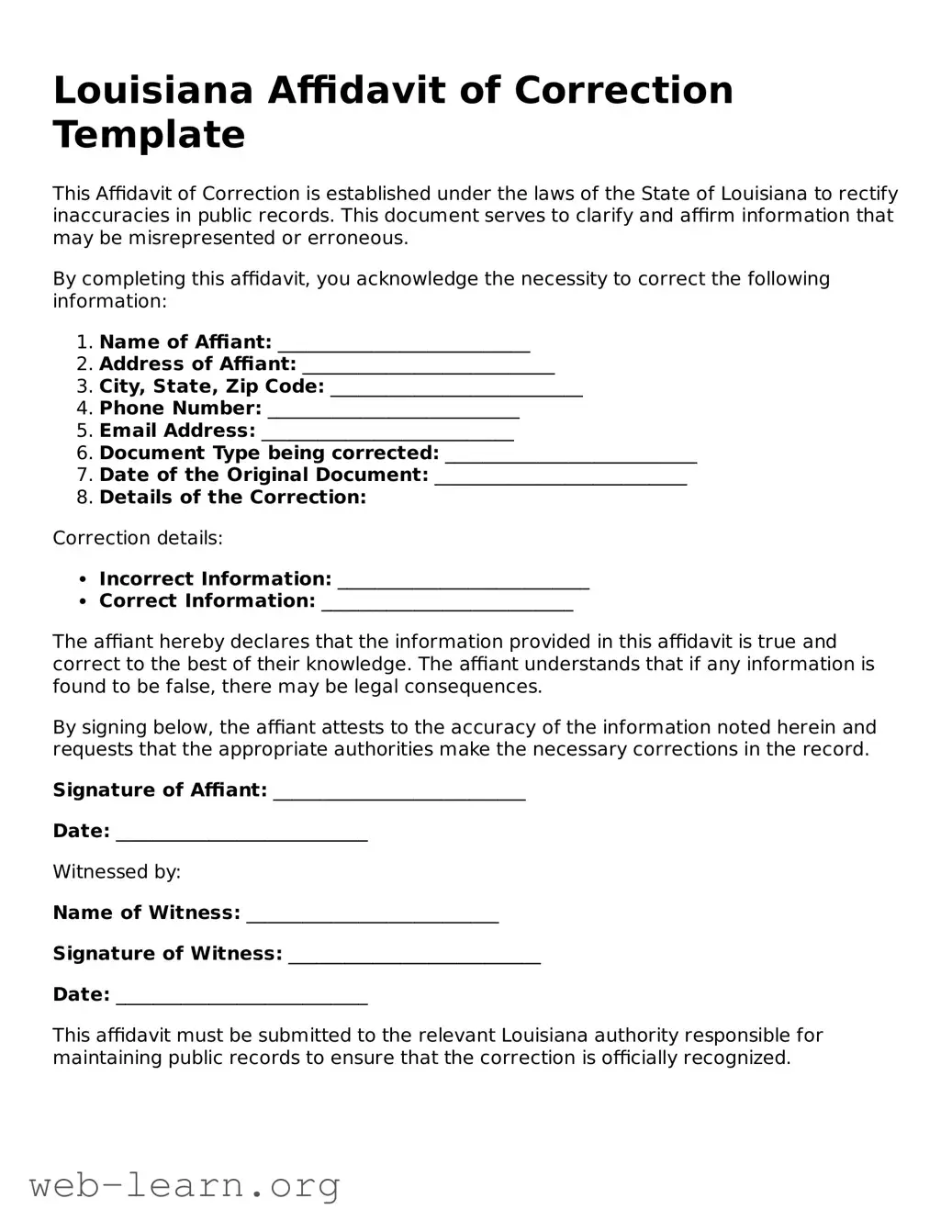 Attorney-Approved Affidavit of Correction Document for the State of Louisiana