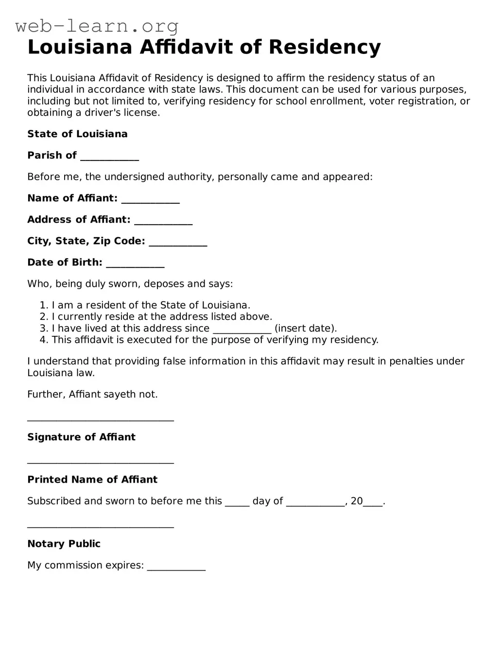 Attorney-Approved Affidavit of Residency Document for the State of Louisiana