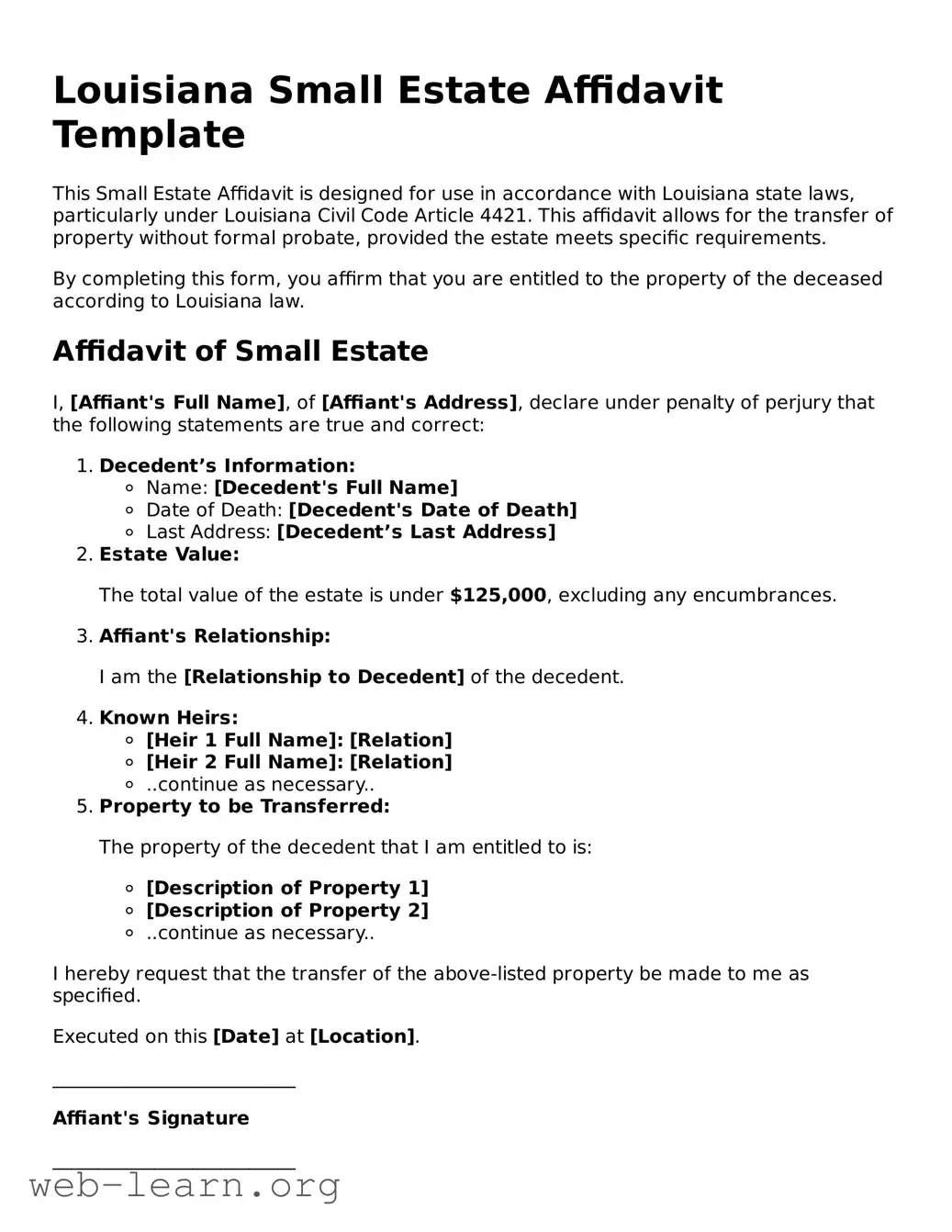 Attorney-Approved Small Estate Affidavit Document for the State of Louisiana