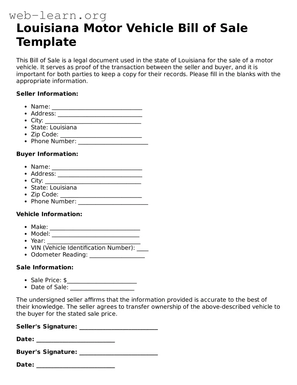 Attorney-Approved Motor Vehicle Bill of Sale Document for the State of Louisiana